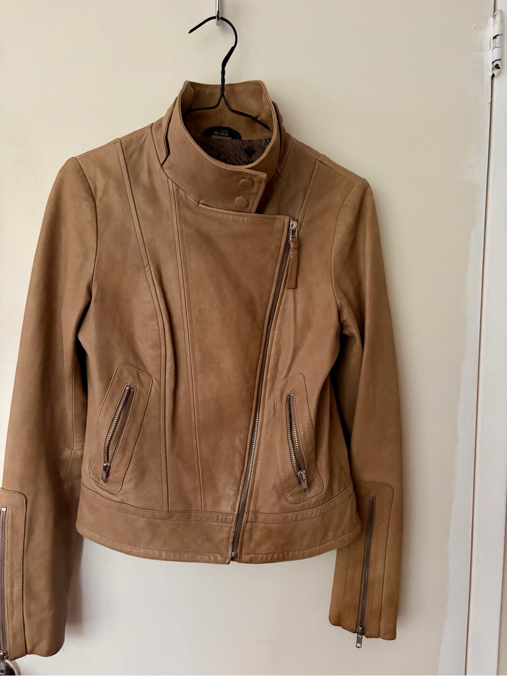 Aritzia Tan Leather Asymmetrical Moto Jacket